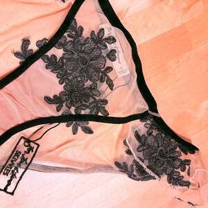 For Love of Lemons mesh brief with embroidered lace overlay and ruffle detail.